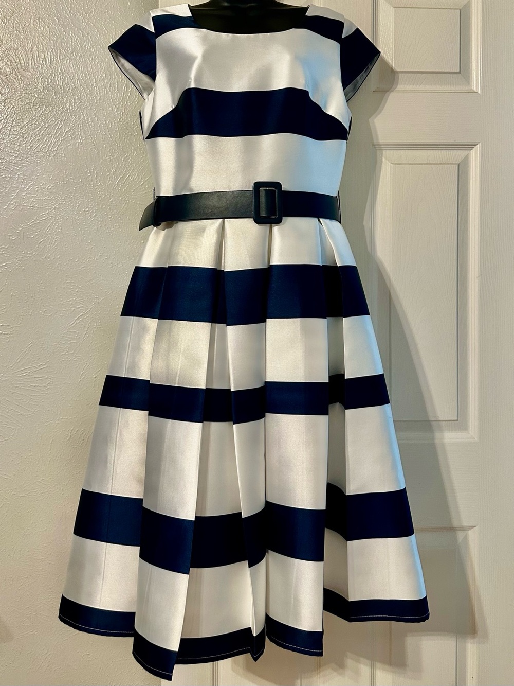 Navy and White Striped Women’s Belted Party/Church Dress